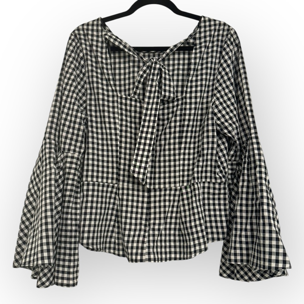 (SOLD) NANETTE LEPORE Gingham Bell-Sleeve Top, Large, Black/White - Picture 9 of 13